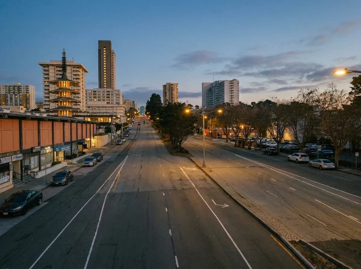 Geary Boulevard in Japantown at dusk with Peace Pagoda and mid-century buildings