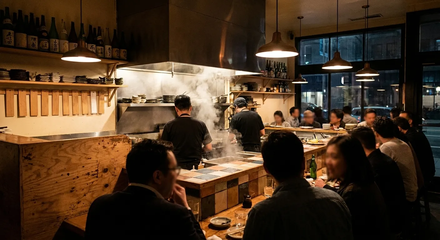 A cramped San Francisco izakaya near midnight with a plywood and tile counter, sake bottles on a shelf and a steaming kitchen pass