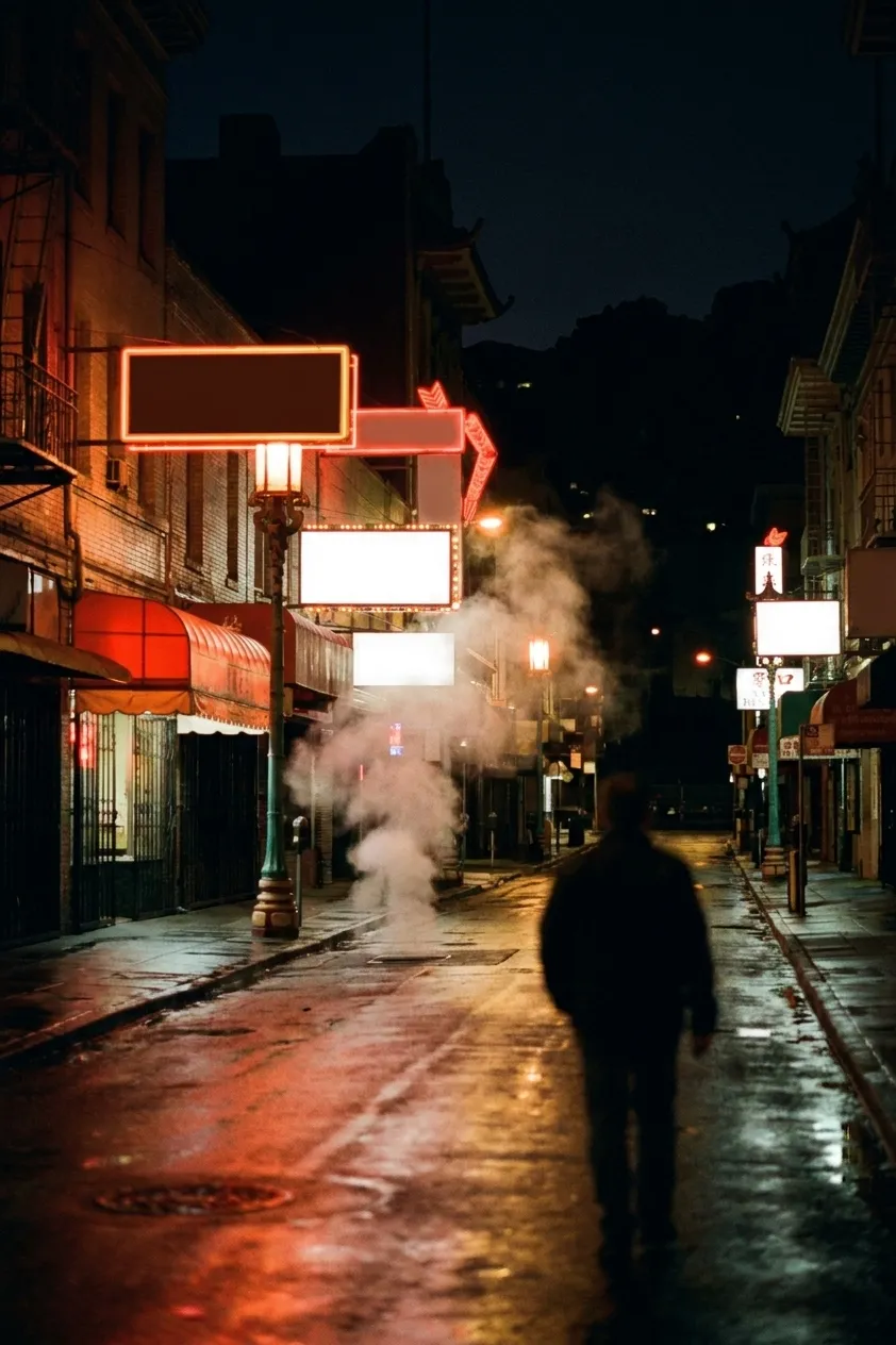 A San Francisco Chinatown street after 11pm with wet pavement reflecting red and amber shopfront light and blank unlettered awnings