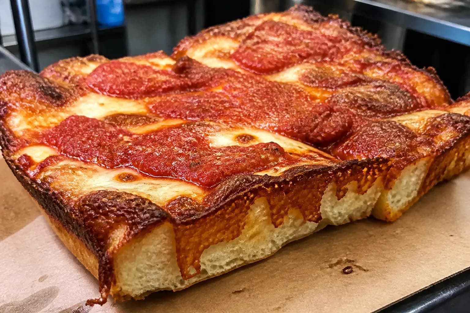Crispy Detroit-style deep dish pizza on a serving tray showing thick caramelized edges.