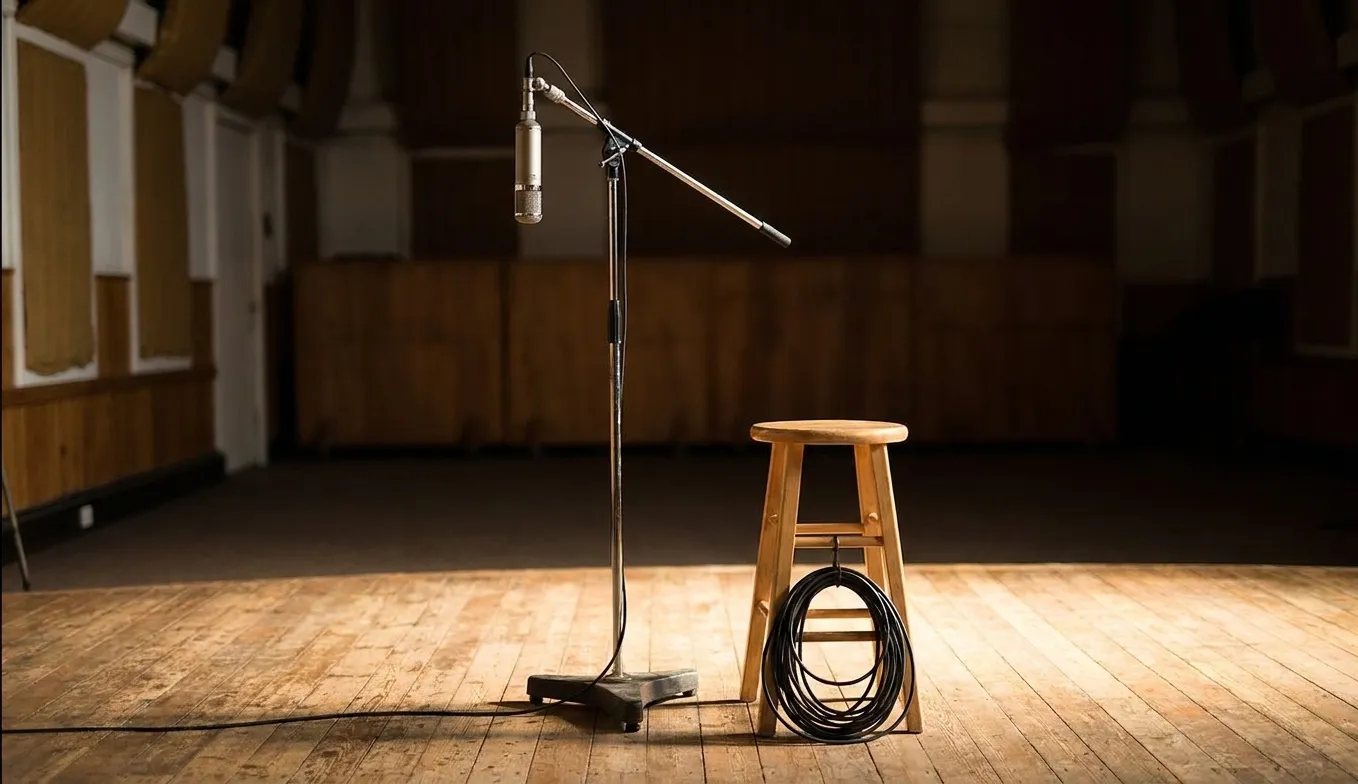 A microphone on a stand in a pool of light on a small stage with a stool and a coiled cable at its base in a dark empty room