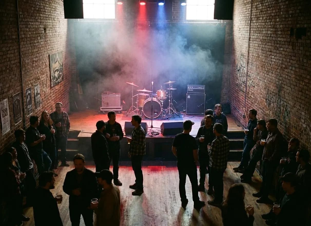 A small San Francisco music venue on a weeknight with a low stage holding a drum kit and two amps and a scattered crowd of thirty