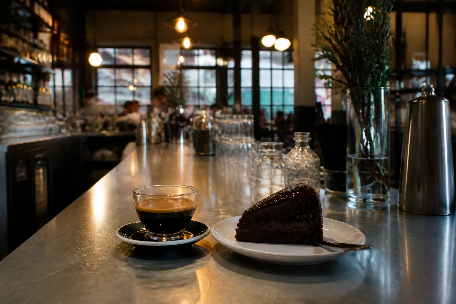 A classic espresso shot paired with a rich chocolate cake slice at a polished zinc bar in the East Bay.