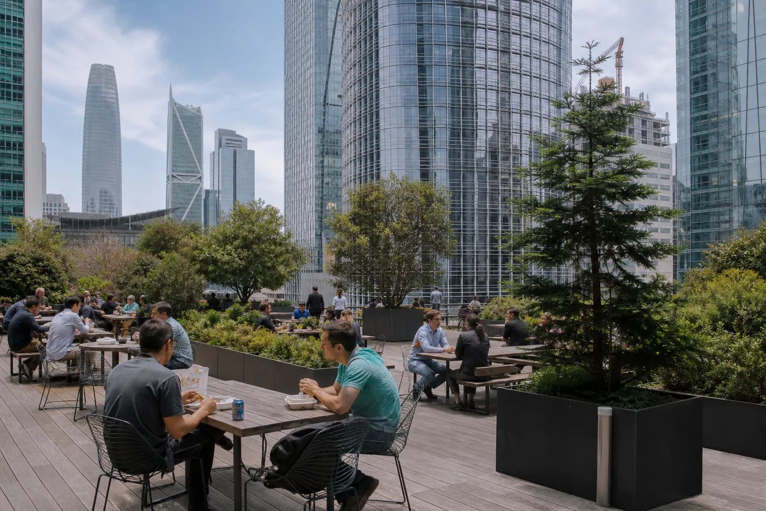 A vibrant public plaza in San Francisco SoMa filled with tech workers sitting at outdoor tables during a sunny lunch hour.