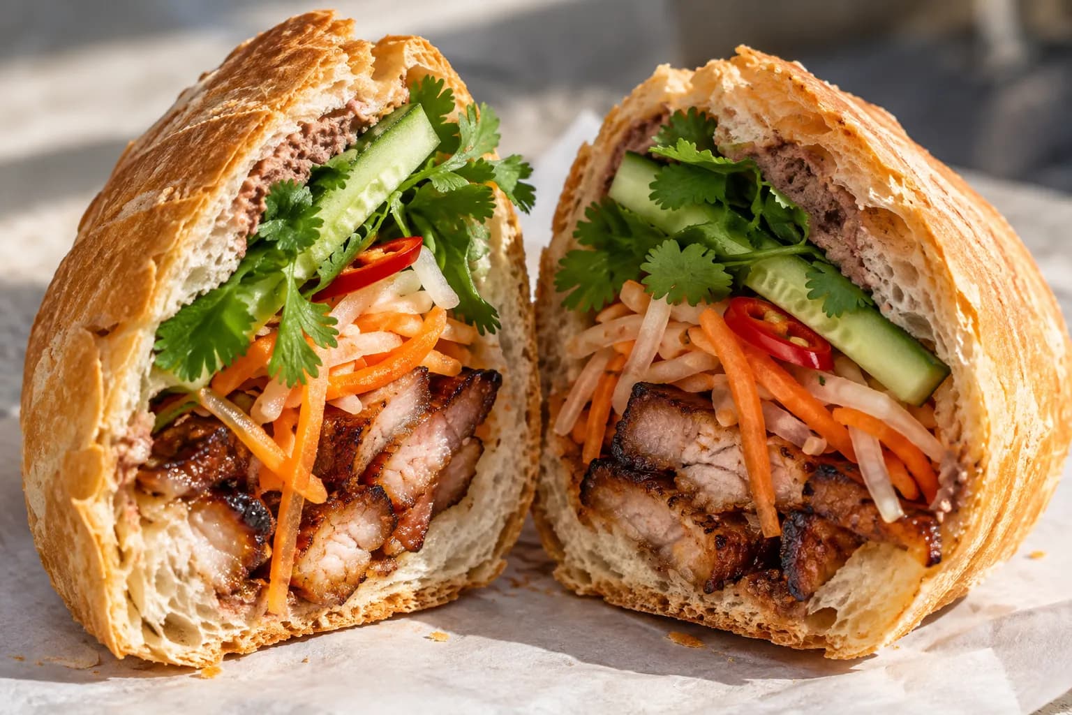 A bánh mì cut open showing pickled carrot, cucumber, coriander and chilli against grilled pork