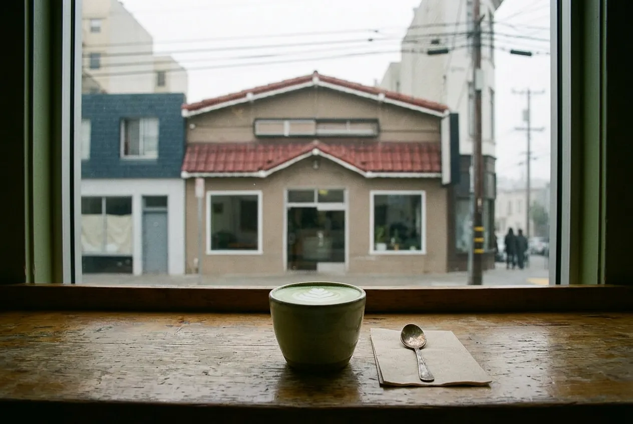 A pale green matcha latte and small espresso cup on a wooden counter near a sunlit Irving Street storefront window.