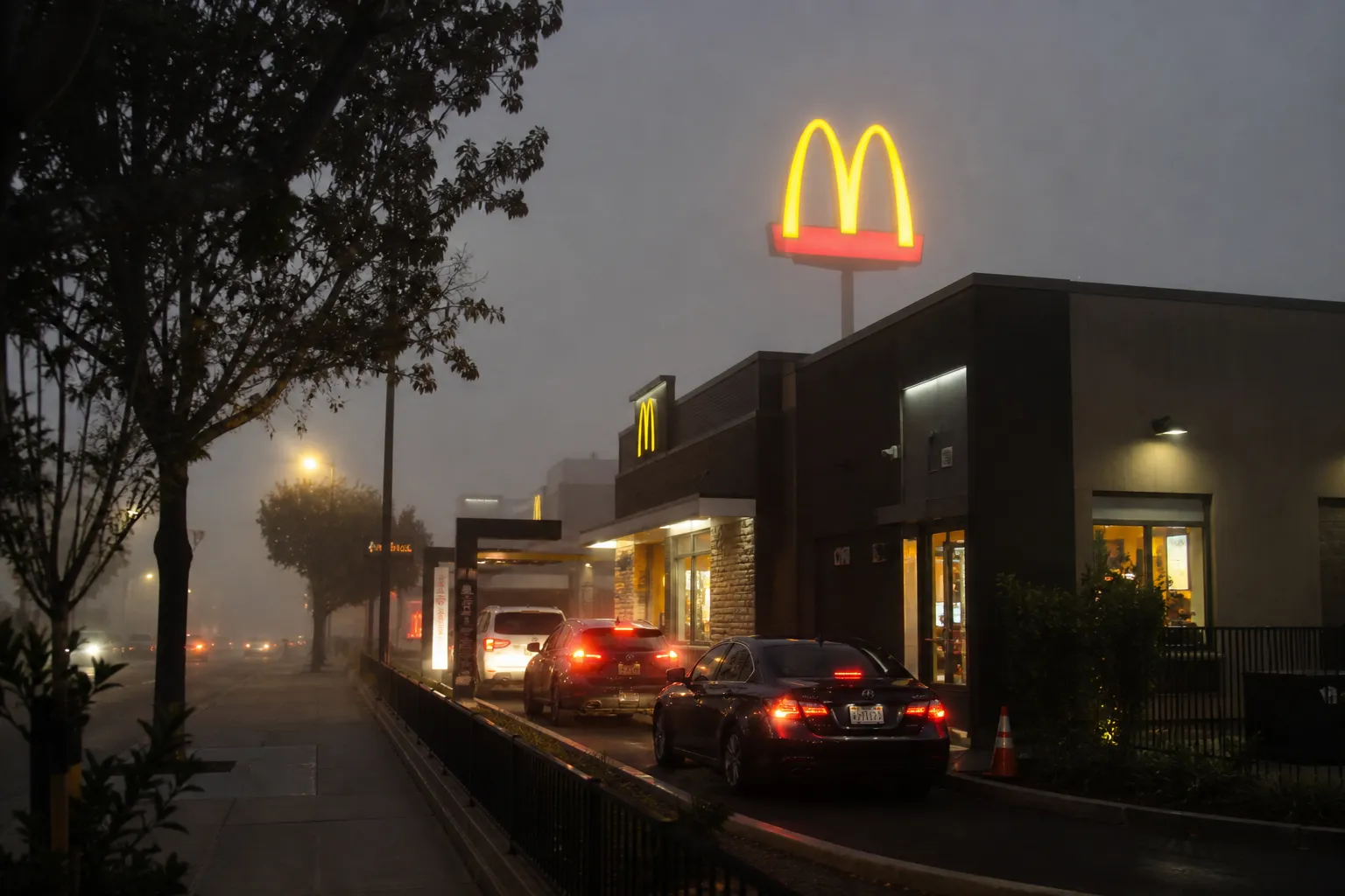 The neon golden arches glow against a foggy dawn sky over a quiet San Francisco street corridor.