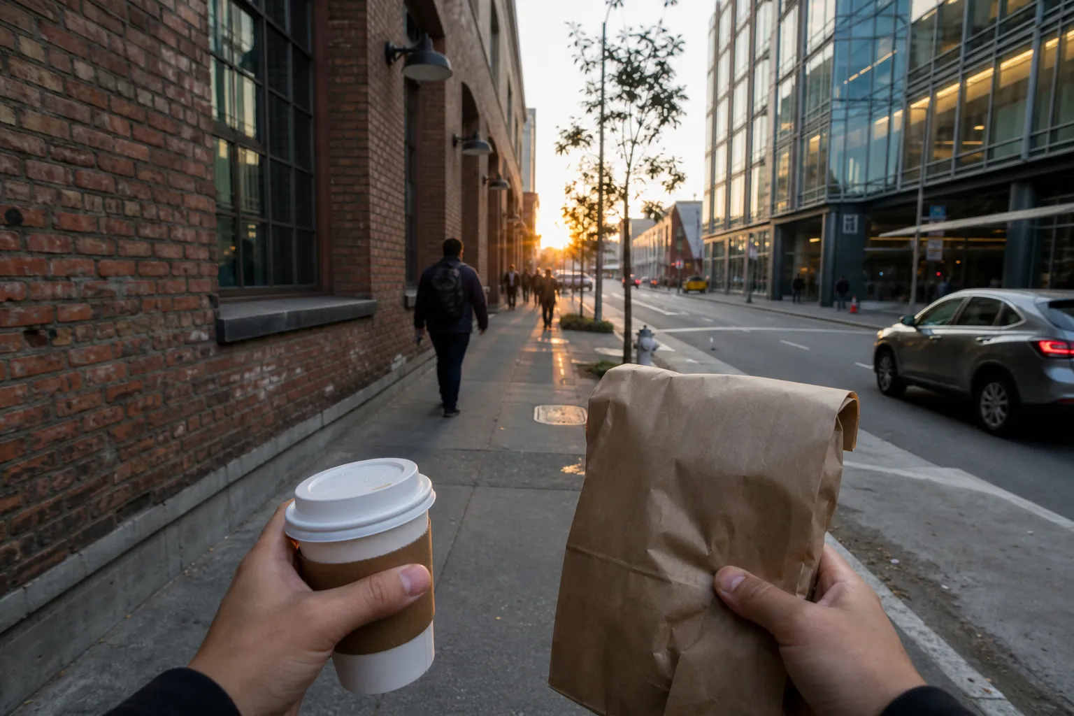 A commuter walking through the SoMa neighborhood in the morning carrying a takeout breakfast bag.