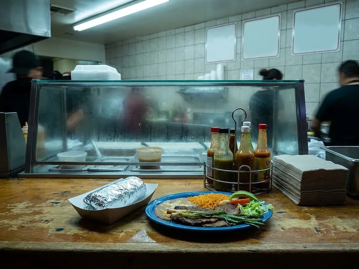 A taqueria counter close to midnight with a steam table behind glass, a foil-wrapped burrito on a paper tray and salsa bottles in a rack