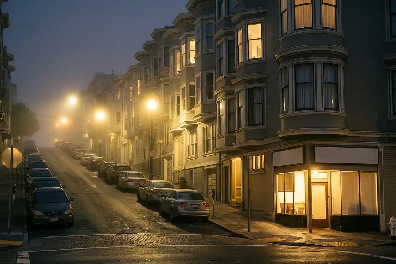 A San Francisco residential street near midnight with bay windows stacked up a steep hill and fog rolling through streetlight cones