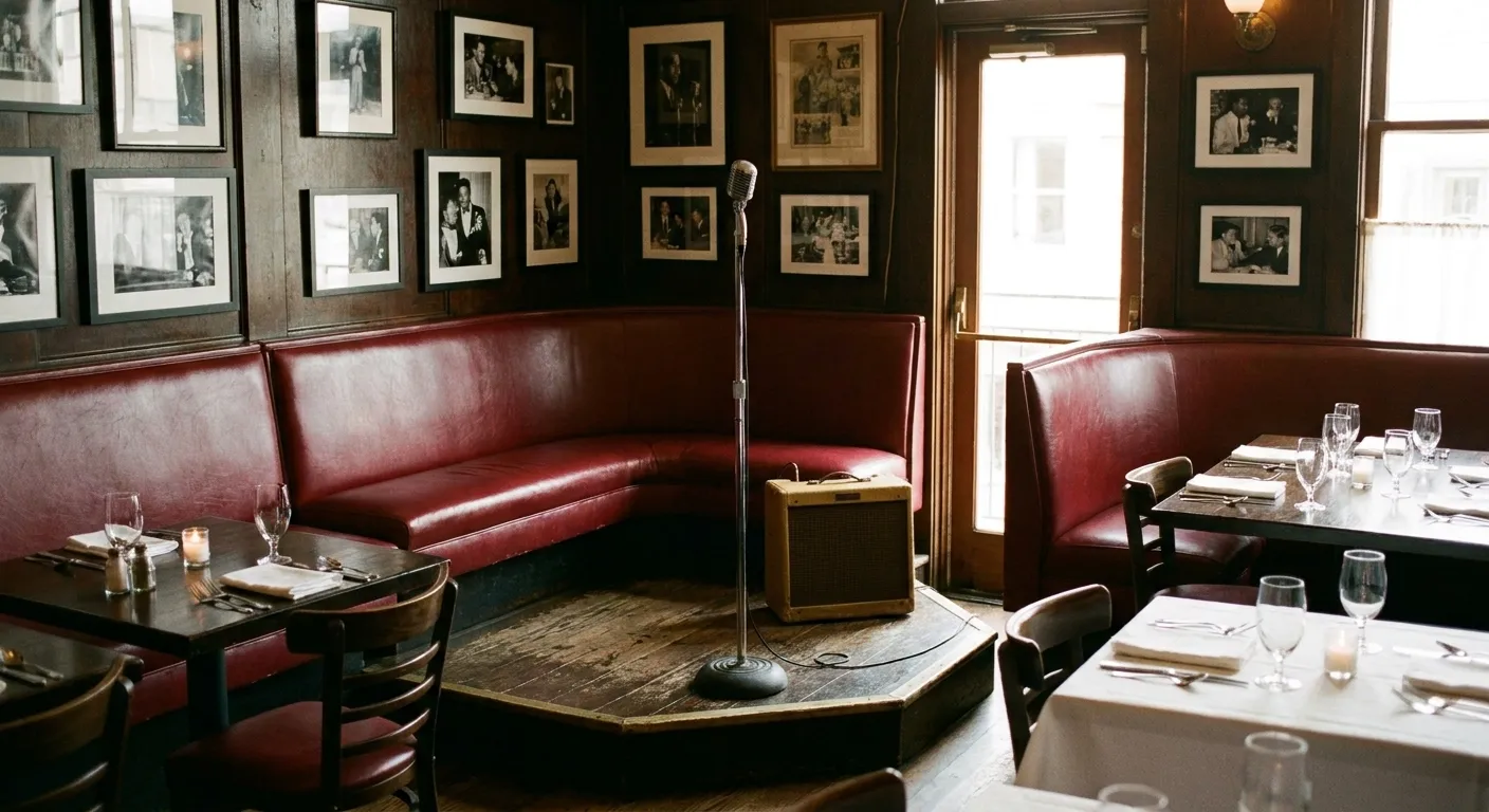 A North Beach supper-room interior with red banquettes, a small raised platform holding a microphone stand and an amp, tables set for dinner