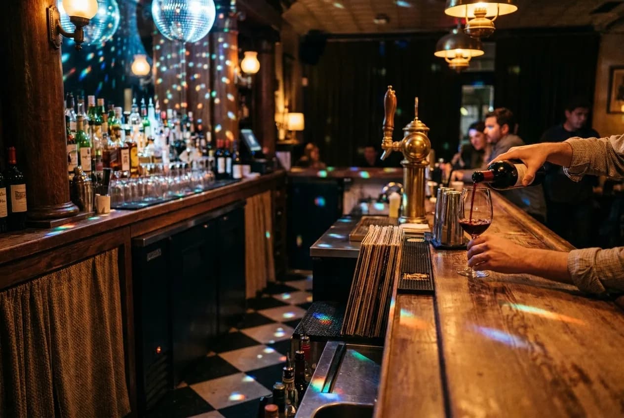 Bartender pouring natural wine at wooden bar counter with disco ball reflections and checkered floors at Bar Part Time San Francisco