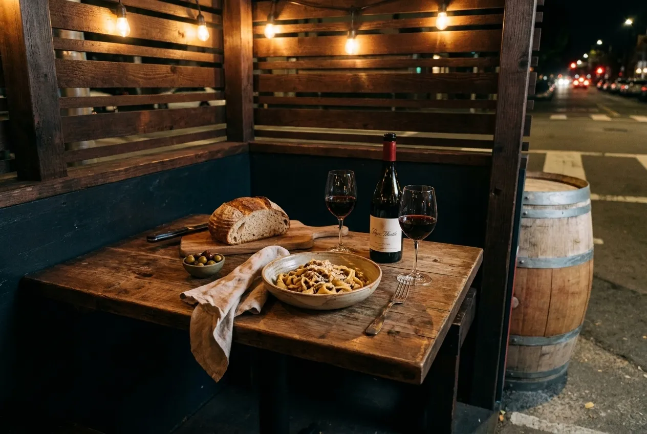Three wine glasses on a wooden bar counter, each filled with different natural wines—pale orange, deep ruby, cloudy amber—next to a small white plate holding sliced aged cheese and dried apricots, afternoon light from a nearby window casting soft shadows across the rustic wood grain.