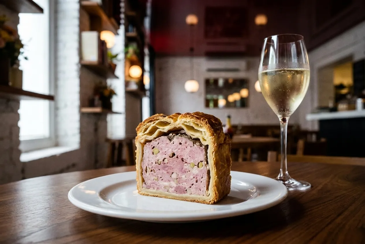 Slice of pâté en croute on white plate with glass of sparkling wine on dark wood table under red ceiling at Verjus.