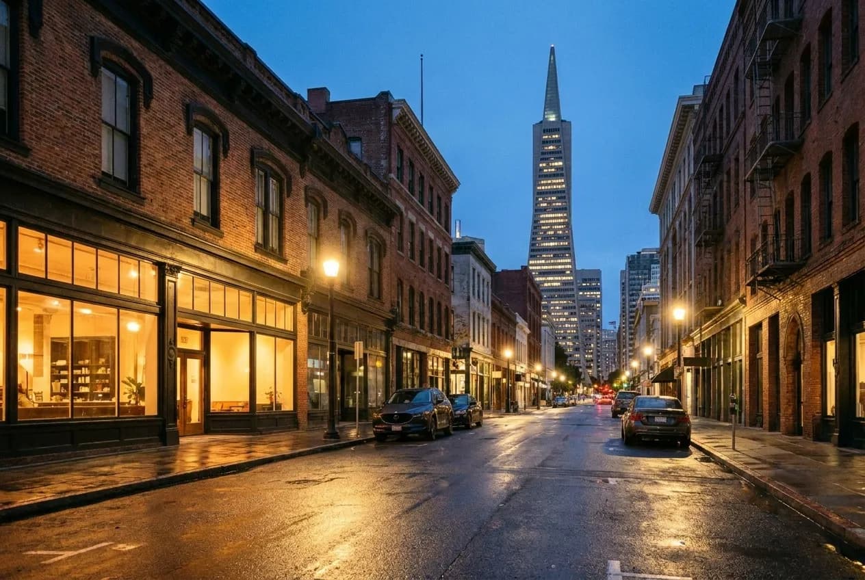 Evening view of Washington Street in Jackson Square with lit storefront and Transamerica Pyramid visible in distance under blue sky.