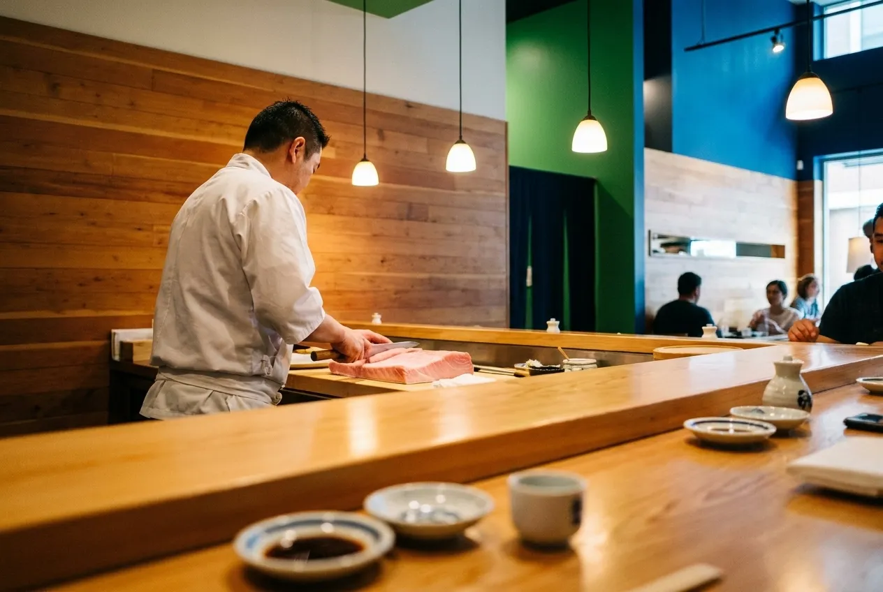 Sushi counter at Akiko's downtown San Francisco with chef preparing aged tuna under suspended lighting and wood paneling