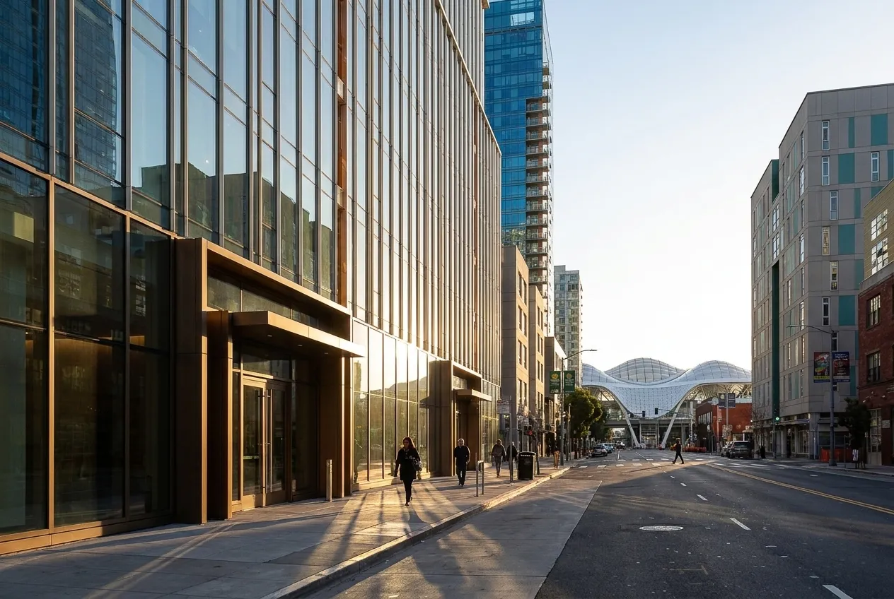 Folsom Street building exterior in downtown San Francisco near Transbay Transit Center with glass facade and pedestrians