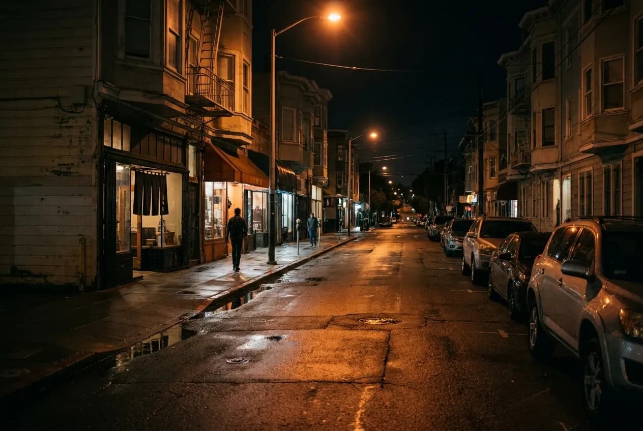 Divisadero Street at night with pedestrians, parked cars, and dim storefronts in Lower Haight