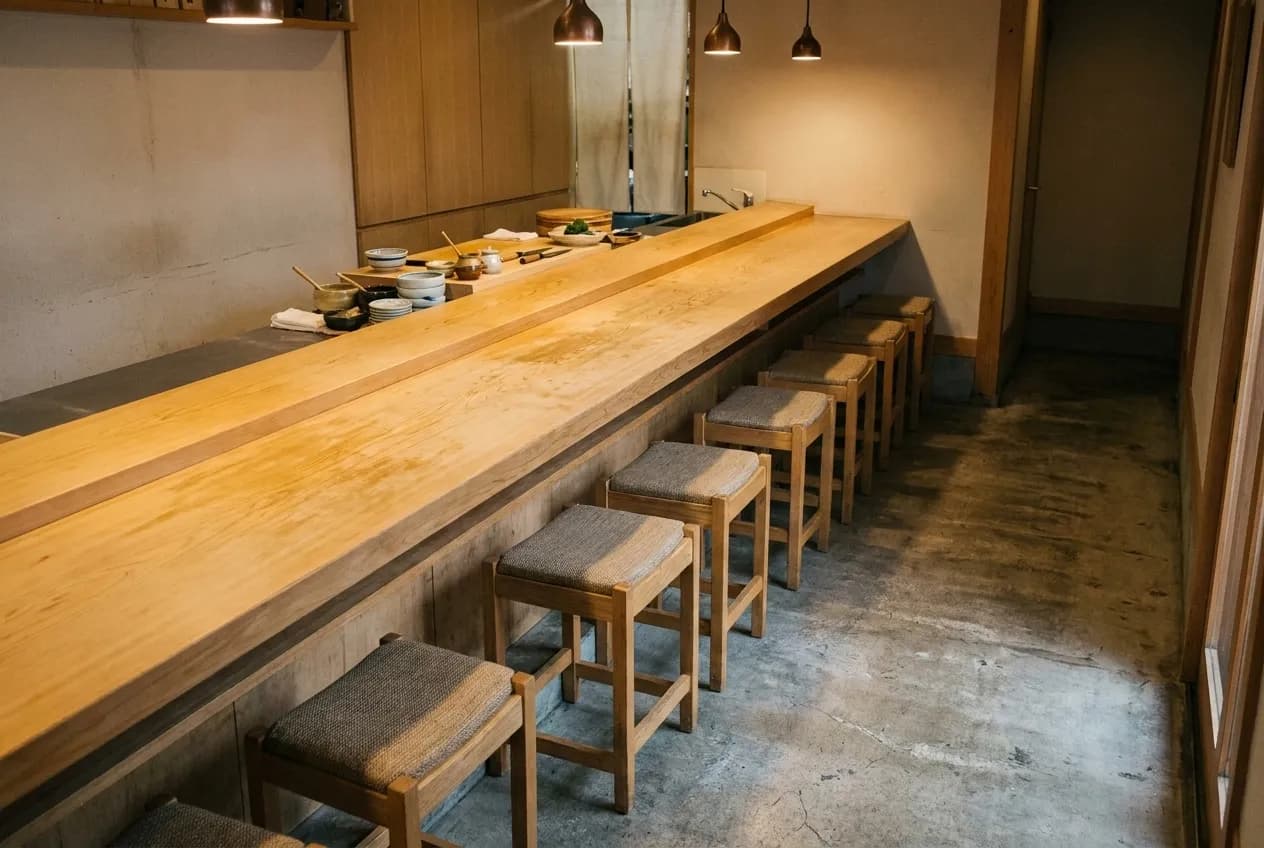 Blond hinoki sushi counter divided into three four-seat pods under low lighting in a minimal San Francisco omakase restaurant interior
