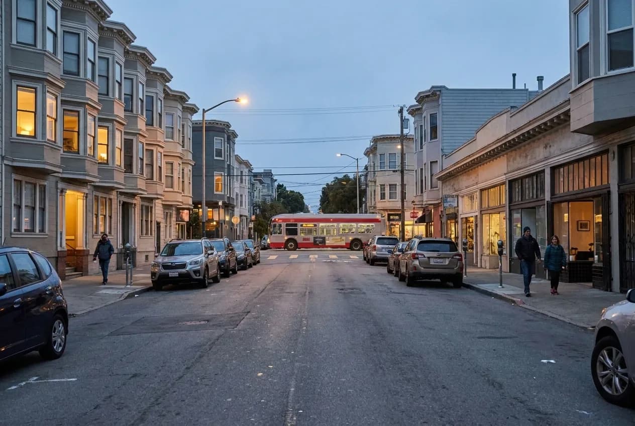Fulton Street in NoPa at dusk with residential buildings, storefronts, passing Muni bus, and pedestrians on the sidewalk