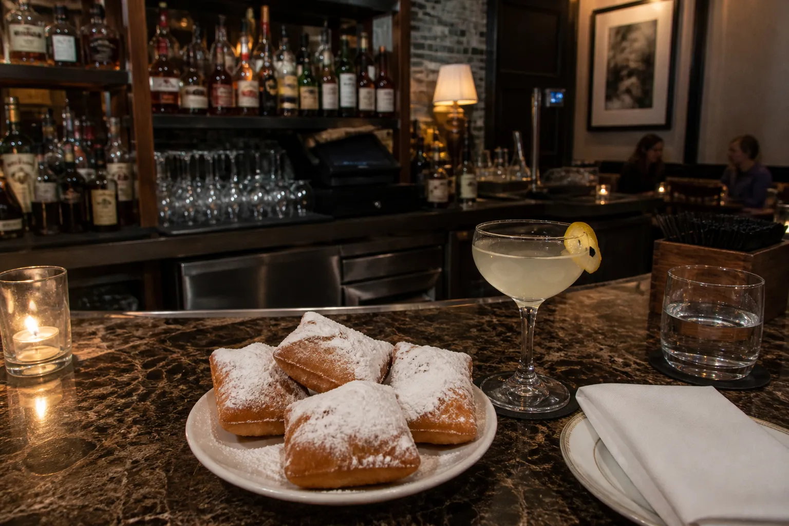 A plate of fresh beignets at the bar counter of Spruce in Presidio Heights.