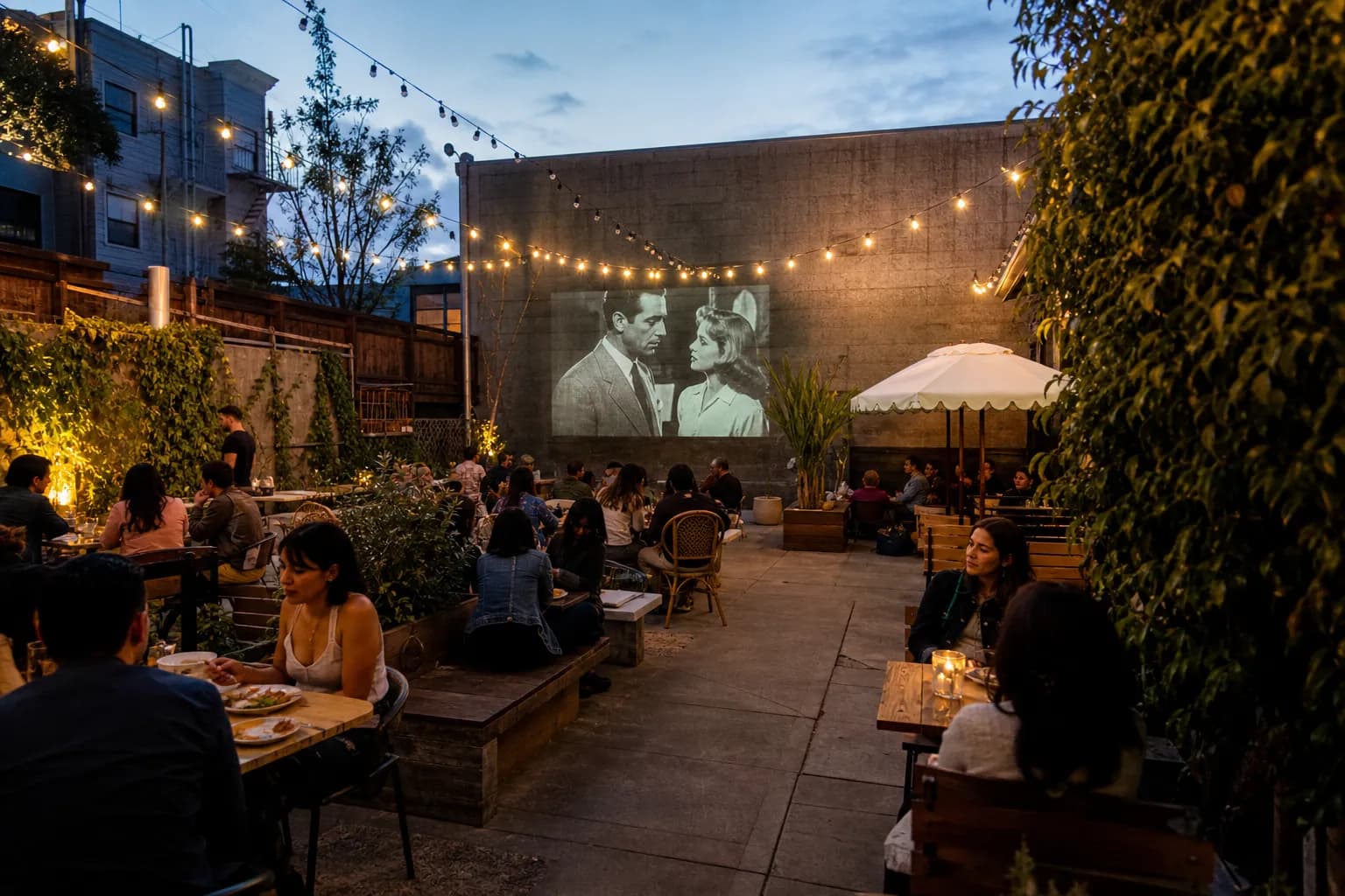 The heated outdoor courtyard at Foreign Cinema in the Mission District during an evening movie screening.