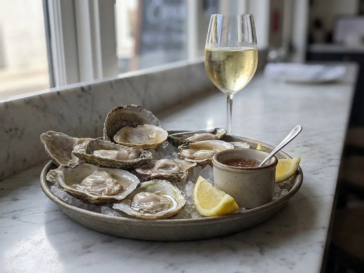 A tray of freshly shucked West Coast oysters on ice with lemon wedges and a small pot of mignonette seen low across a marble counter