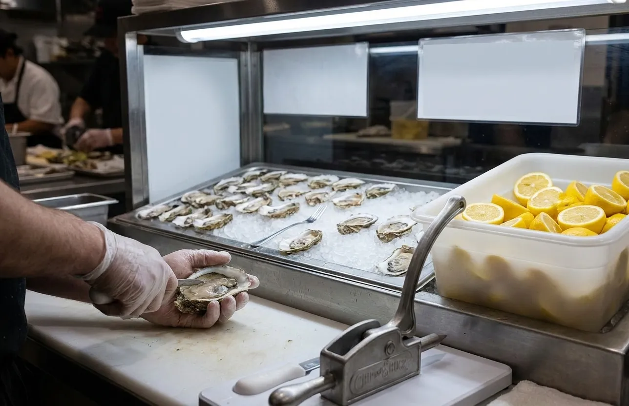 A shucker working a raw bar counter with a gloved hand steadying an oyster and opened shells arranged on ice in the tray beyond