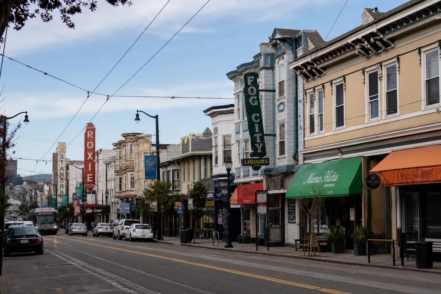 A wide-angle architectural shot of Clement Street in San Francisco's Inner Richmond neighborhood, showing classic bay-window Edwardian buildings and vibrant storefront signs under a soft afternoon fog.