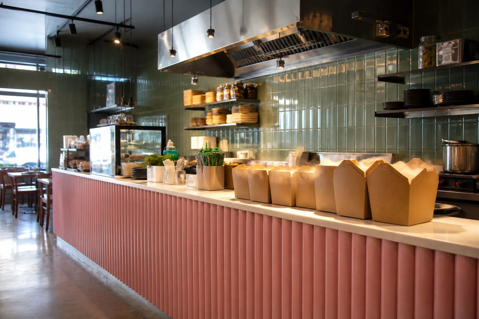 The modern interior counter and pickup station at Mamahuhu in the Richmond District.