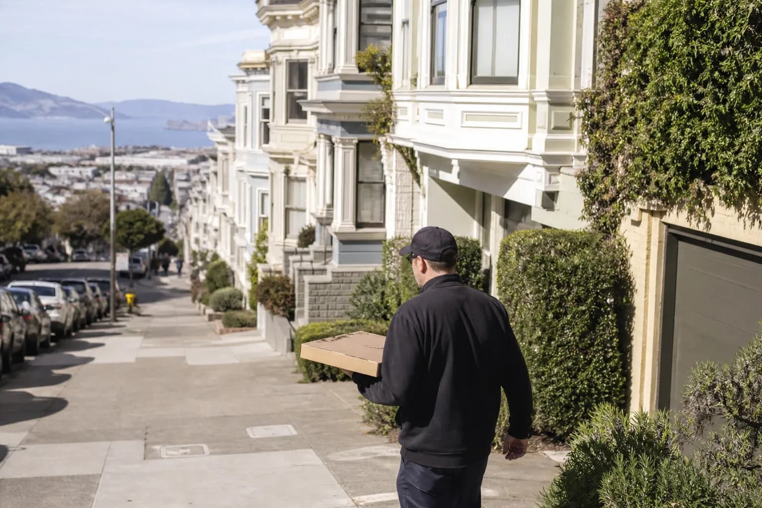 A pedestrian holding a pizza box while walking down a steep San Francisco street with historic Victorian homes.