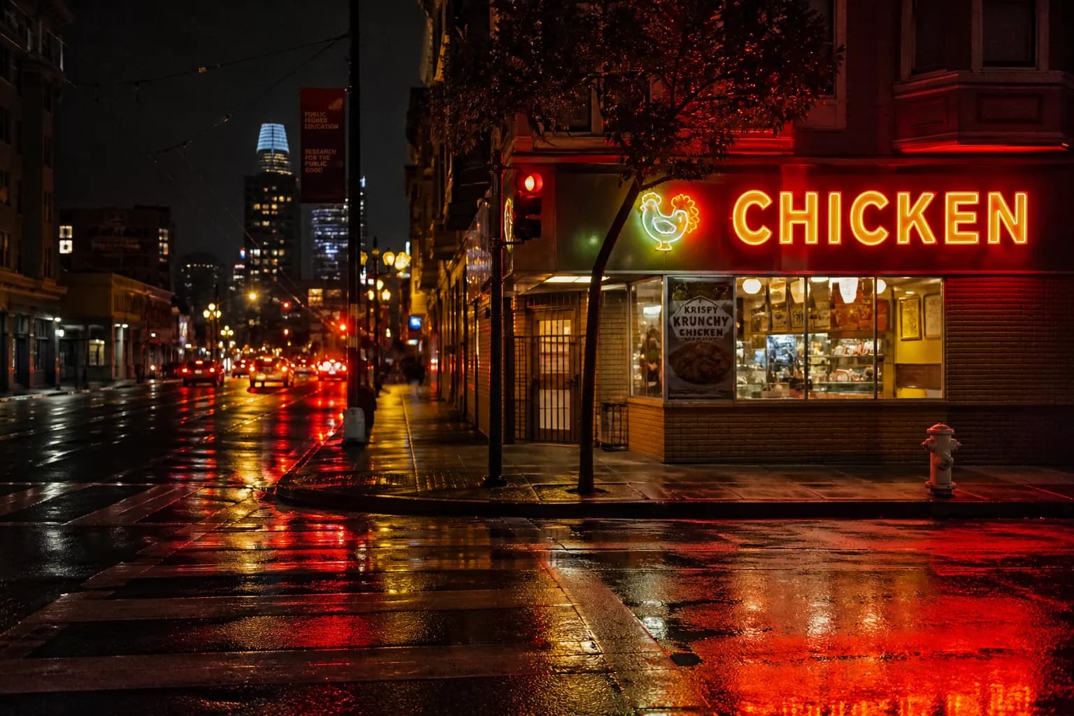 Warm neon signage reflecting on a wet SF sidewalk outside a local eatery