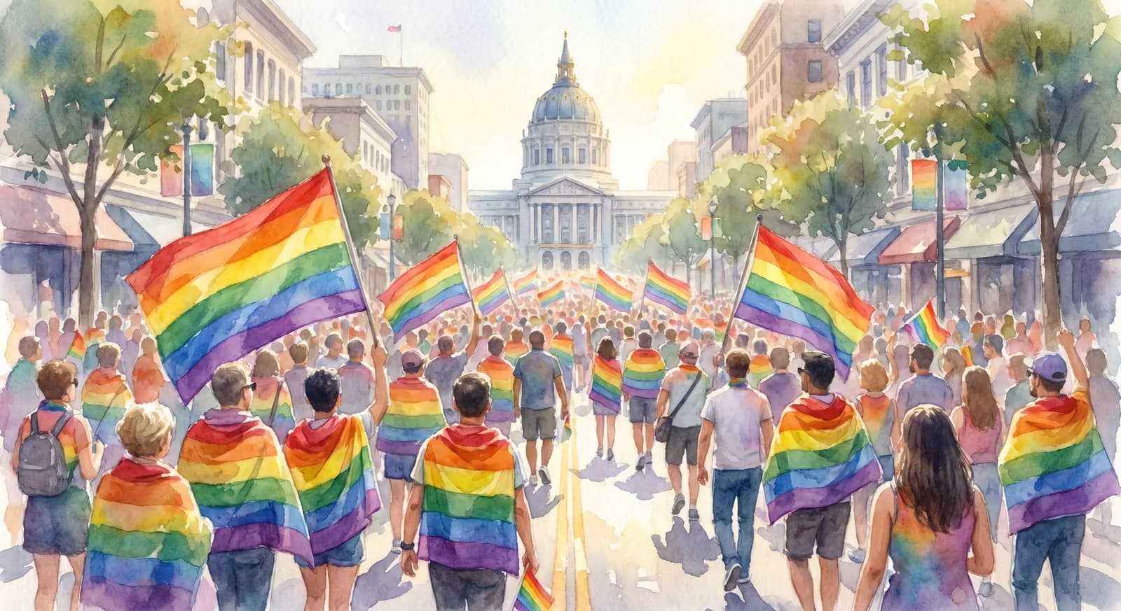 AI-generated watercolor: San Francisco Pride Parade marching down Market Street on Sunday morning, rainbow flags filling the wide avenue, City Hall dome in the distance, painterly soft strokes