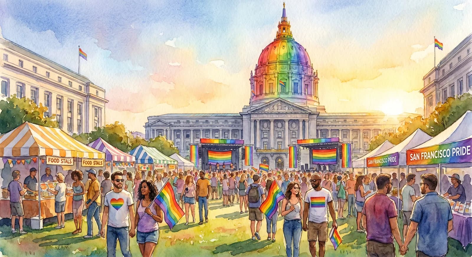 AI-generated watercolor: Civic Center Plaza in San Francisco during Pride weekend, San Francisco City Hall dome lit in rainbow colors, large crowd on the plaza lawn, food stalls and stages
