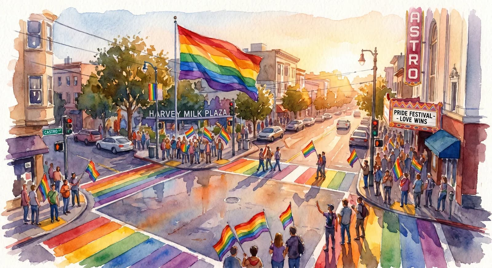 AI-generated watercolor: Castro and 18th Street during Pride, the giant rainbow flag over Harvey Milk Plaza, painted rainbow crosswalk, Castro Theater marquee visible