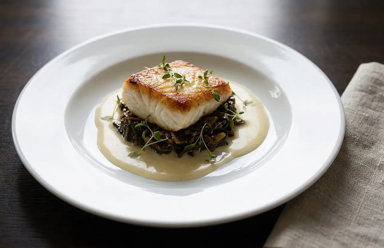 A composed restaurant course on a wide-rimmed ceramic plate with seared fish over braised greens and a pale sauce spooned around
