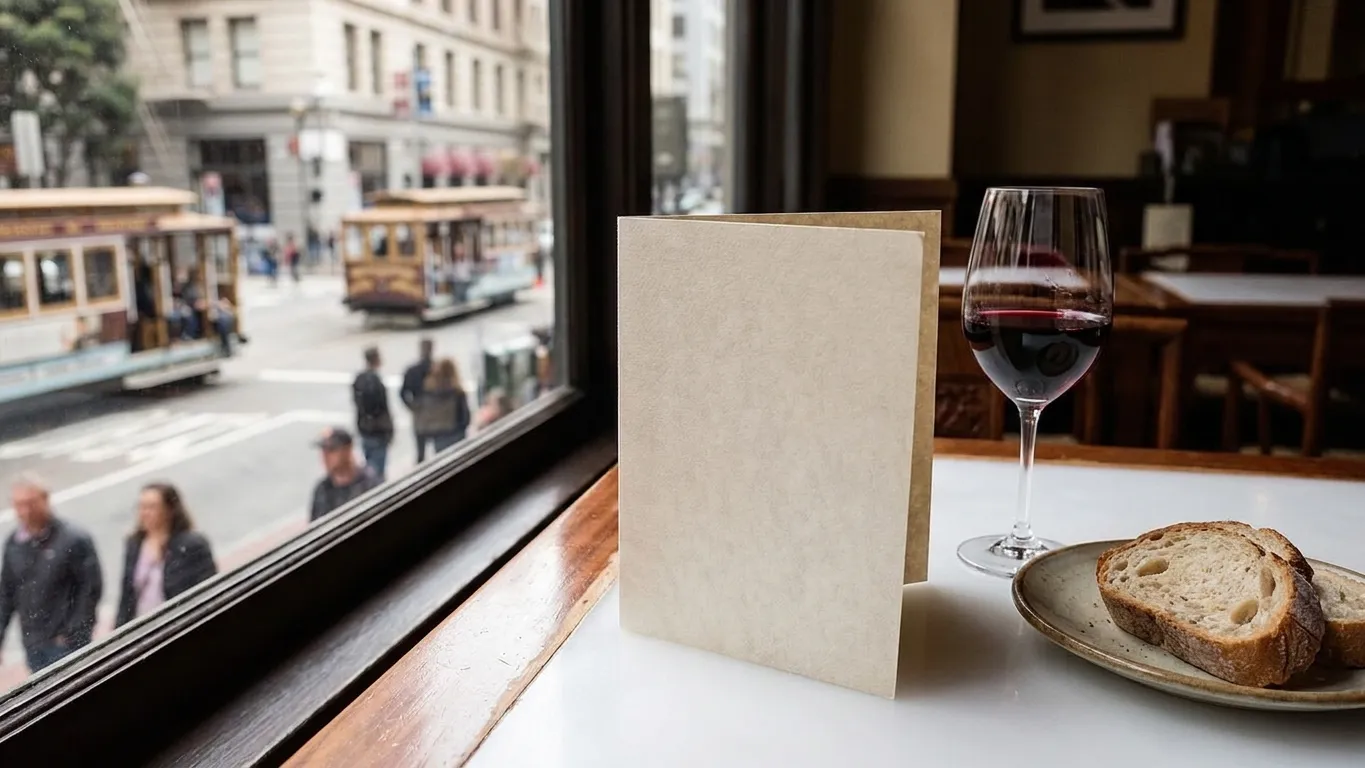 A folded card menu propped on a bistro table with a blank unlettered panel beside a half-poured glass of red wine and a bread plate