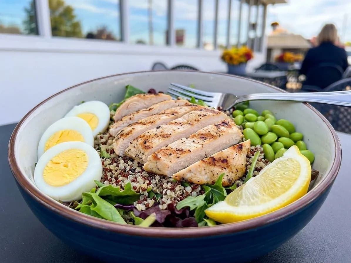 A high-protein salad in a deep bowl with sliced grilled chicken over greens and quinoa with egg halves, edamame and a lemon wedge