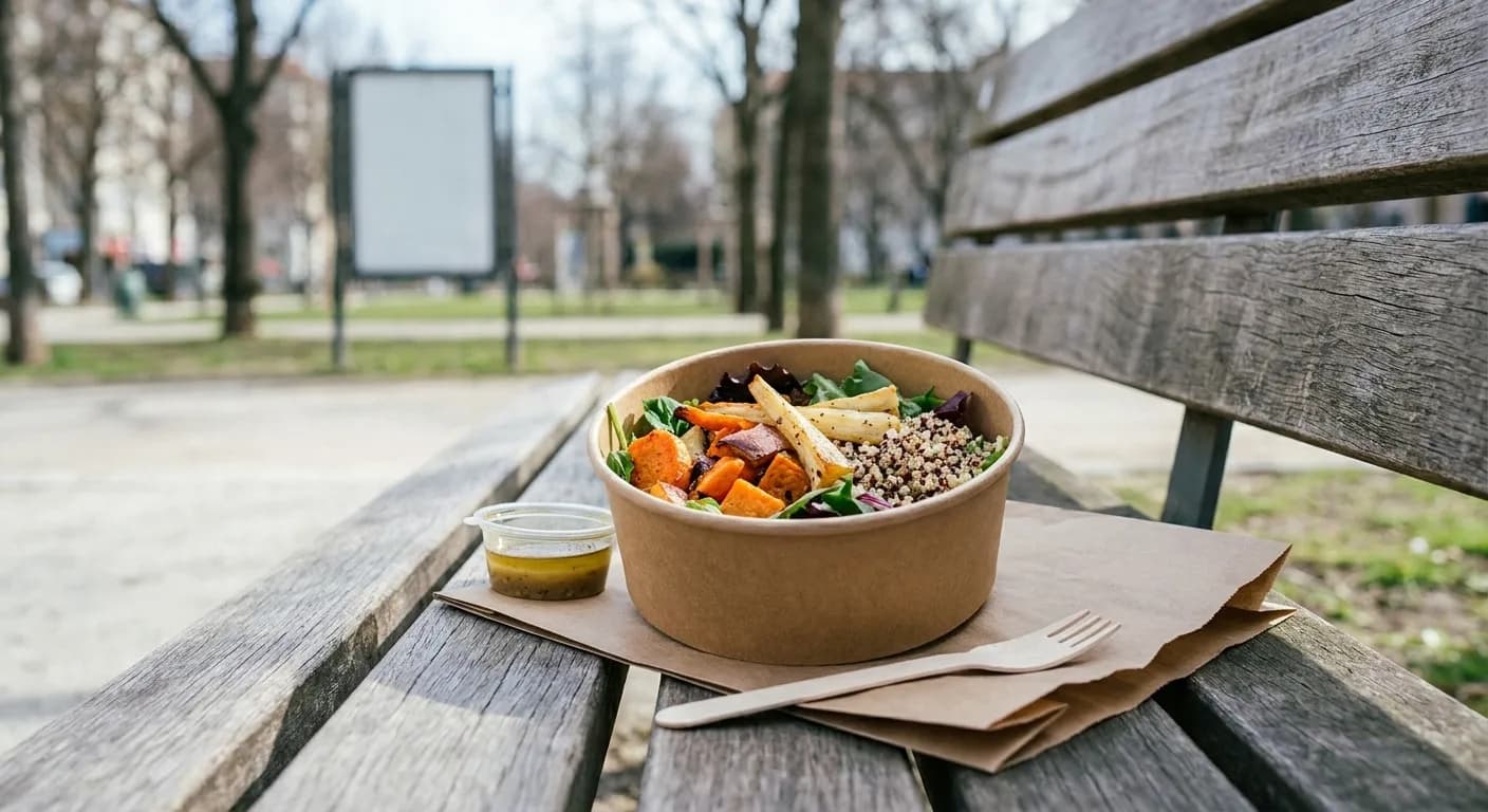 A takeaway salad bowl open on a bench outside with greens, roast vegetables and grains beside a dressing pot and a wooden fork