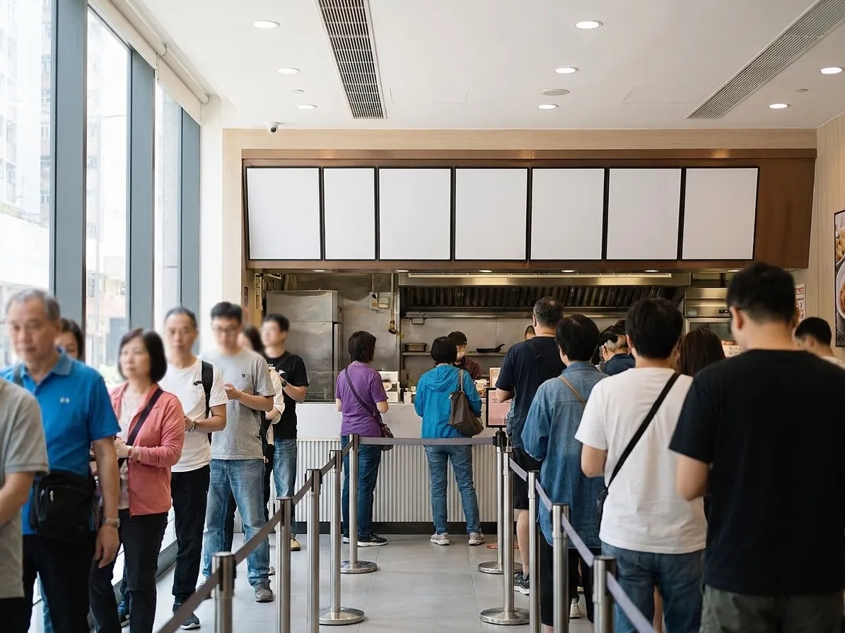 A weekday lunch queue inside a bright counter-service restaurant with people waiting along a rail and a menu board with blank panels above the pass