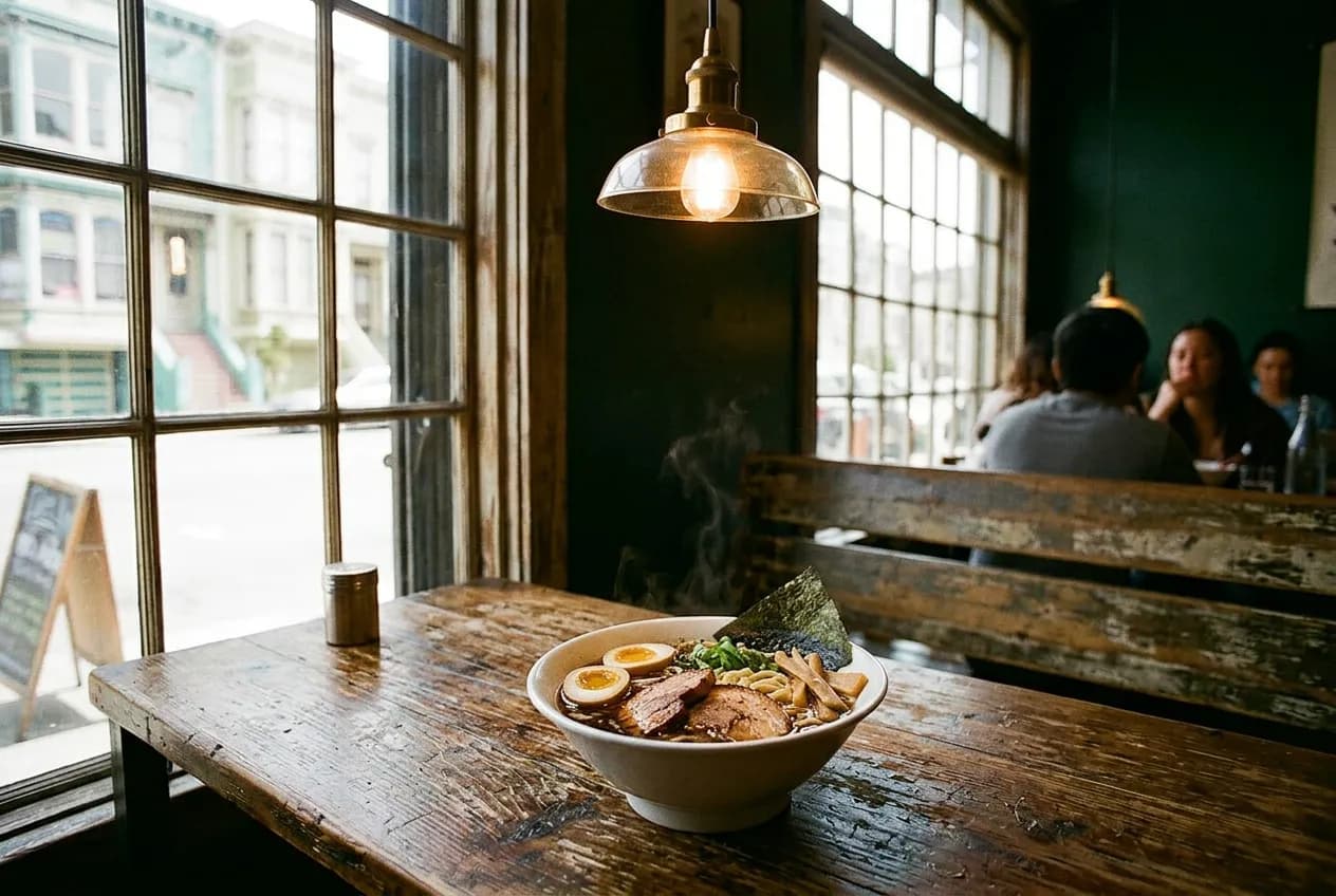 Bowl of pork-belly ramen with rich broth and noodles on a worn wooden table under warm pendant light
