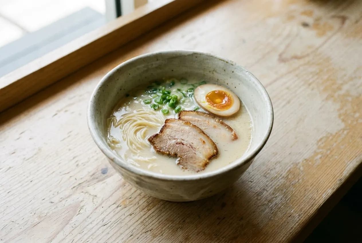 Overhead view of a tonkotsu ramen bowl with pork slices, soft-boiled egg, and green onion on a wooden counter in natural light.