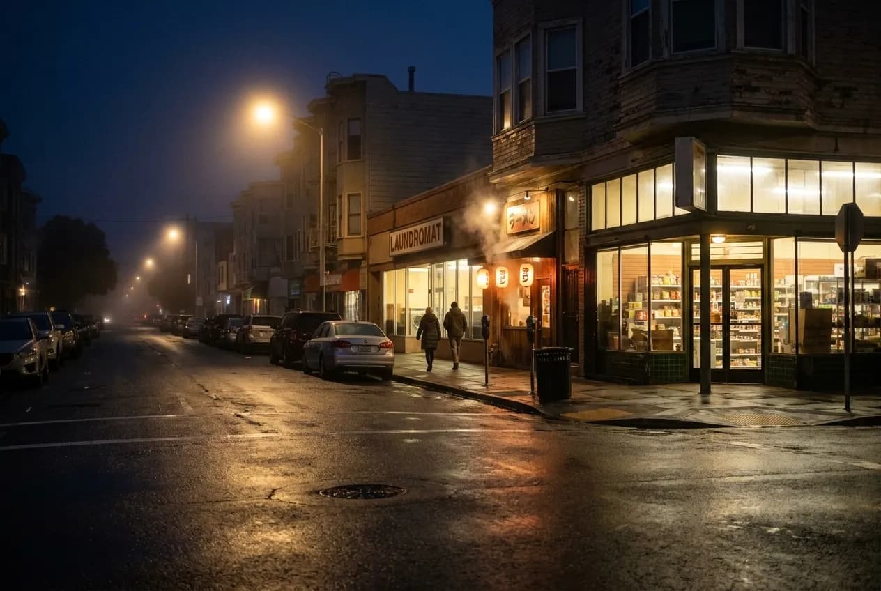 Night view of Irving Street in Inner Sunset with lit storefronts, wet pavement, fog around streetlights, and pedestrians walking.