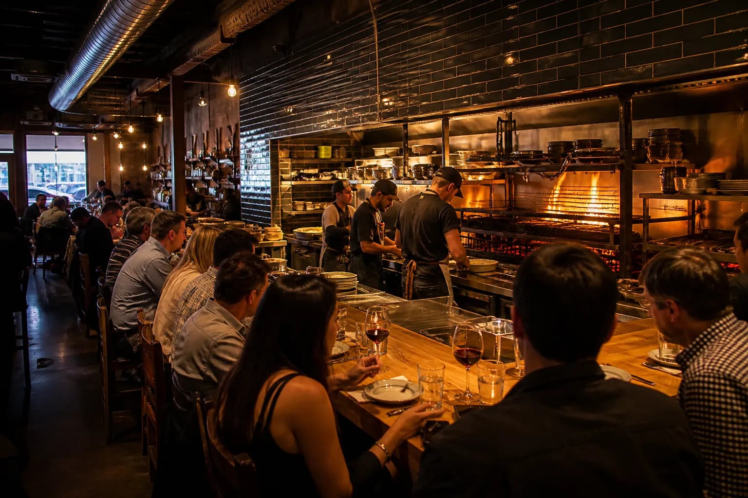 Diners watching chefs prepare dishes over an open fire at a lively restaurant counter in San Francisco.