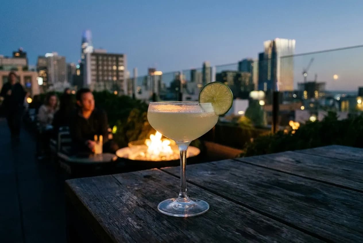 Proper Margarita cocktail in coupe glass on outdoor rooftop table with fire pit and San Francisco skyline at dusk behind