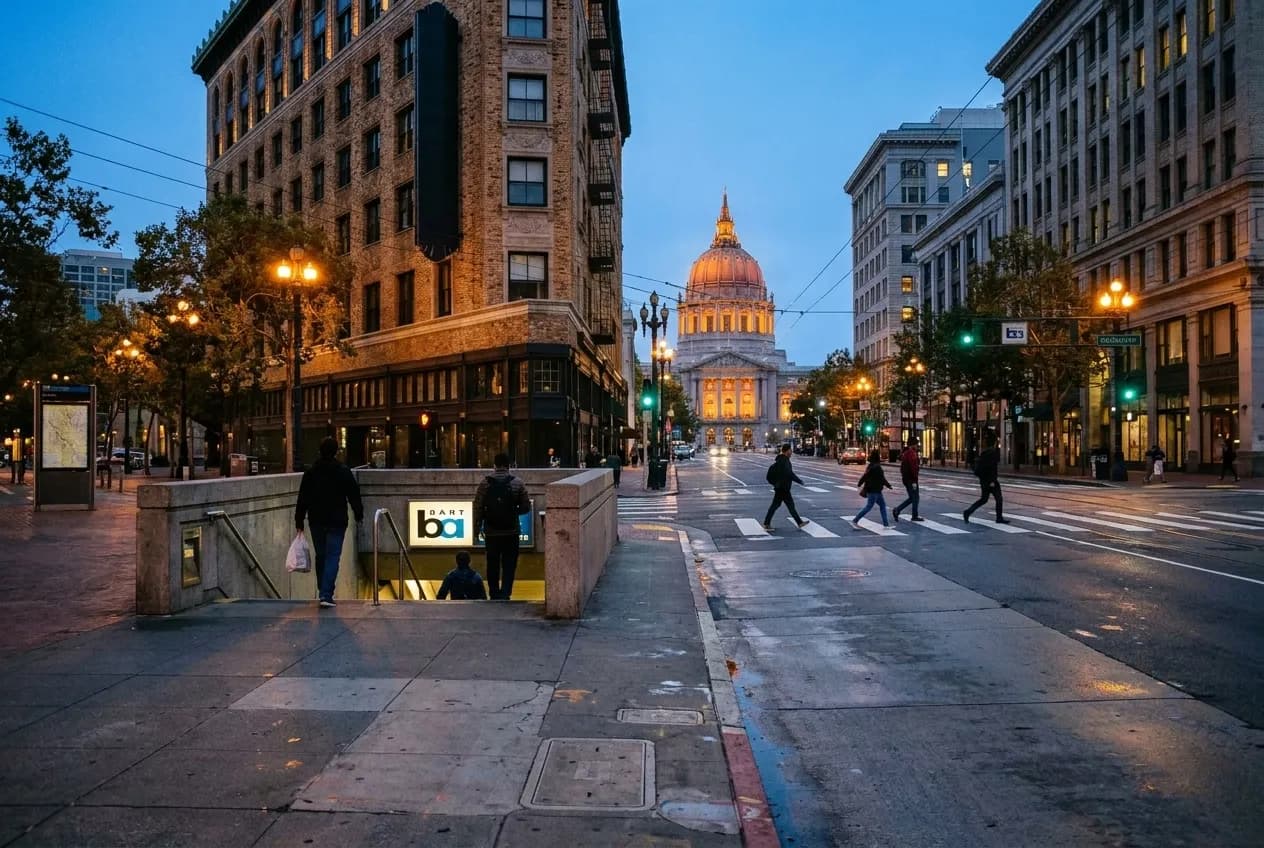 Market Street looking toward illuminated City Hall dome at dusk with San Francisco Proper Hotel flatiron building and BART station entrance