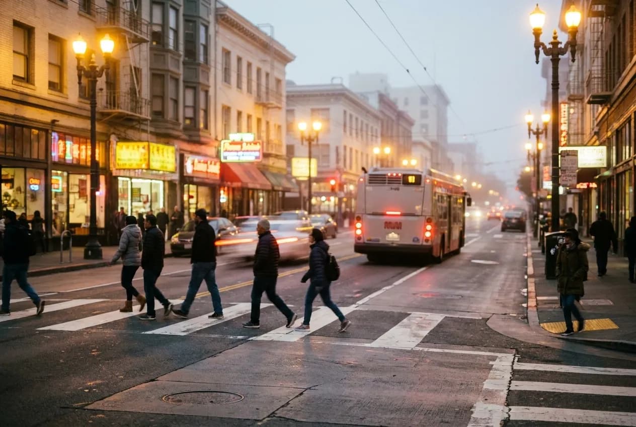 Mission Street at 21st Street intersection at twilight, neon storefronts, pedestrians crossing, MUNI bus departing, streetlights glowing under incoming fog.
