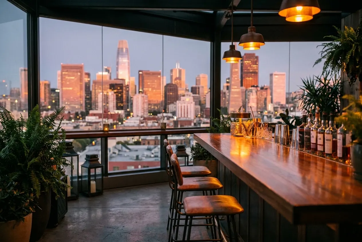Rooftop bar counter with city views through wraparound windows at dusk, empty barstools, pendant lighting, potted plants framing the scene in San Francisco.