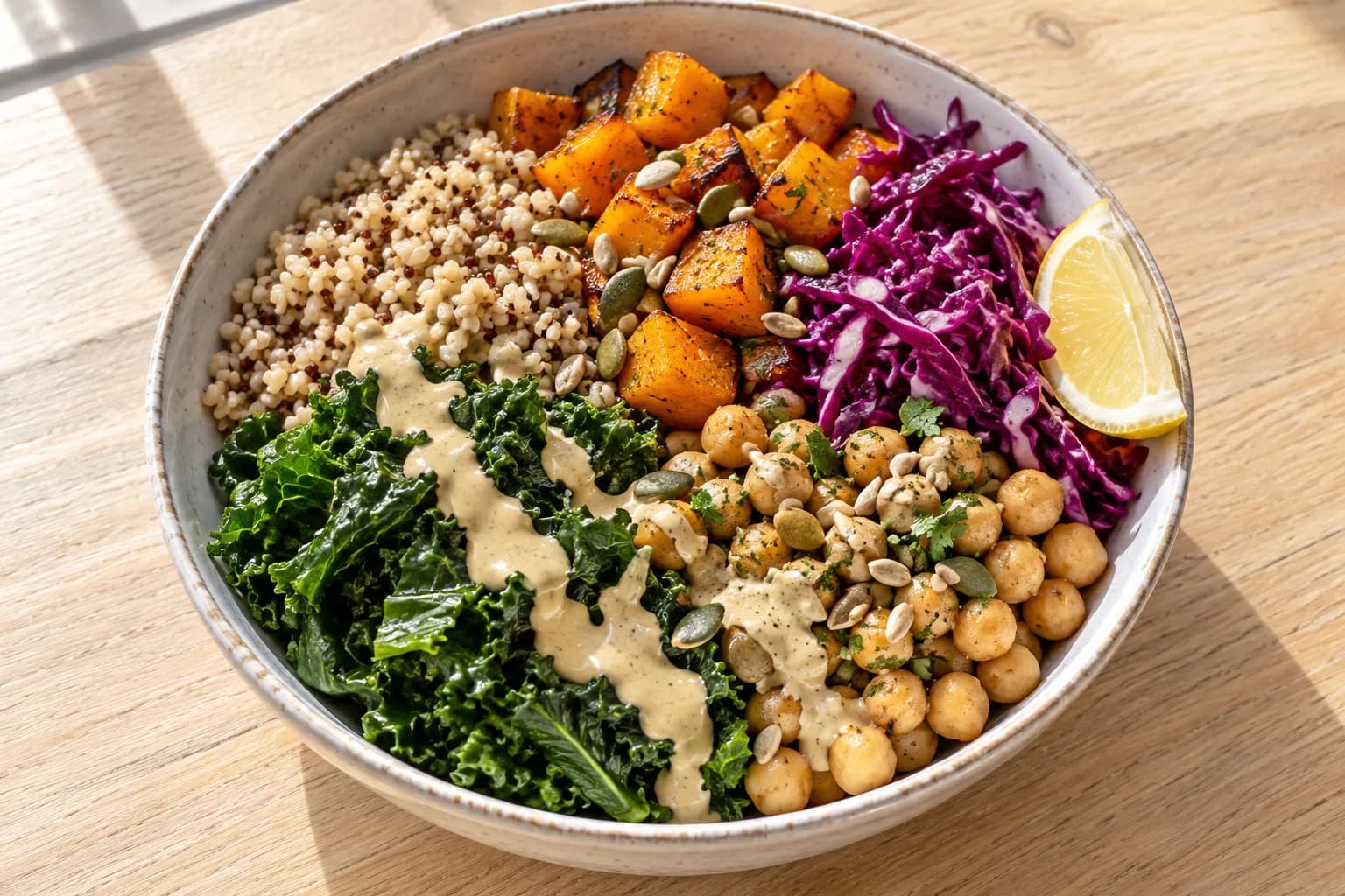 A composed grain bowl with roasted vegetables, greens, seeds and a pale dressing