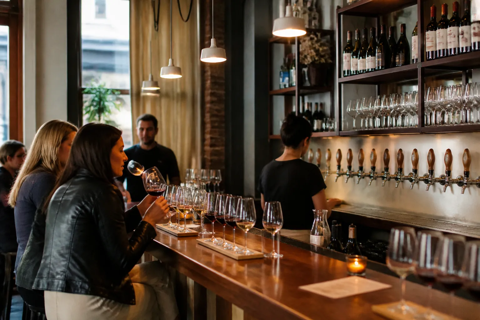 Cozy San Francisco wine bar interior with modern tap handles and warm lighting.